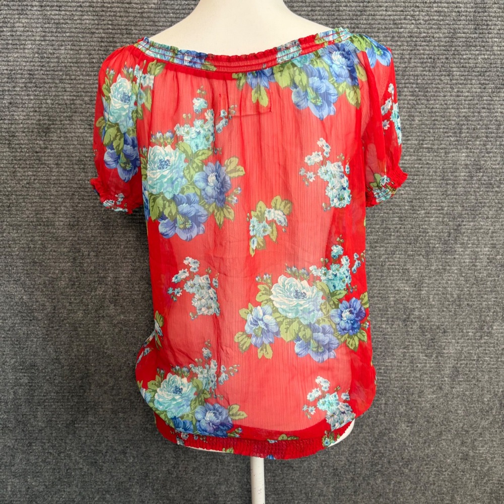 Abercrombie & Fitch Floral Ruffle Blouse Womens L Red Sheer Y2K Boho - Picture 4 of 6
